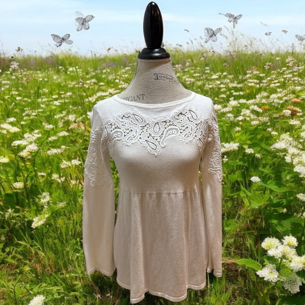 Style & Co White  Lace Accent Ribbed Top Babydoll Knit Tunic Women's Petite Sm